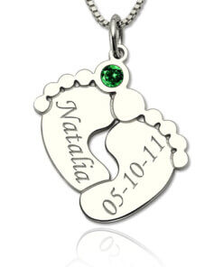 Personalized baby feet necklace with birthstone - Sterling silver