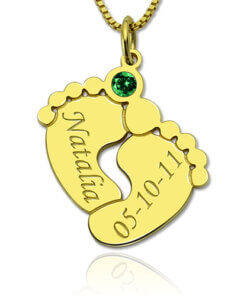 Personalized baby feet necklace with birthstone - Gold plated silver