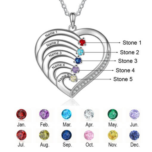 Personalized Heart Necklace for Mom - sterling silver 925 - 5 names