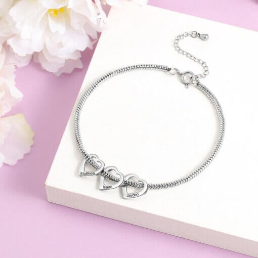 Personalized Heart Charm Chain Bracelet - Silver - 3 Charms - LovelyCustomGift