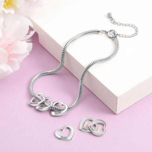 Personalized Heart Charm Chain Bracelet - Silver - LovelyCustomGift