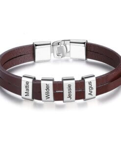 Minimalist Leather Bracelet with personalized Charms - Brown Leather - LovelyCustomGift