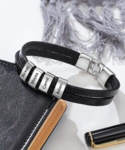 Minimalist Leather Bracelet with personalized Charms - Black Leather - LovelyCustomGift