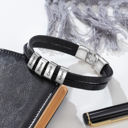 Minimalist Leather Bracelet with personalized Charms - Black Leather - LovelyCustomGift