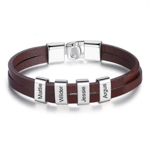 Minimalist Leather Bracelet with personalized Charms - Brown Leather - LovelyCustomGift