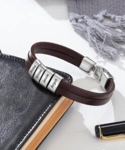 Minimalist Leather Bracelet with personalized Charms - Brown Leather - LovelyCustomGift