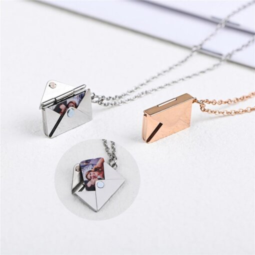 silver and rose gold envelope pendant necklace with letter charm