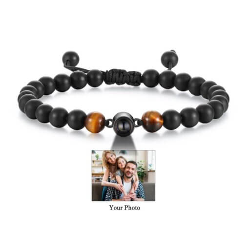 Unisex Beaded Bracelet with Photo Projection feature - Obsidian Stone Beads