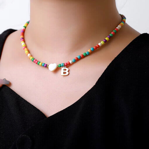 Colorful beaded necklace for girls with heart pendant and initial charm