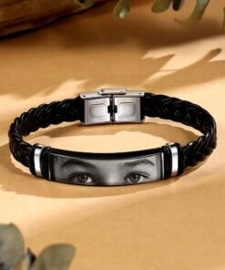 Black braided leather bracelet with engraved eye photo, personalized jewelry"