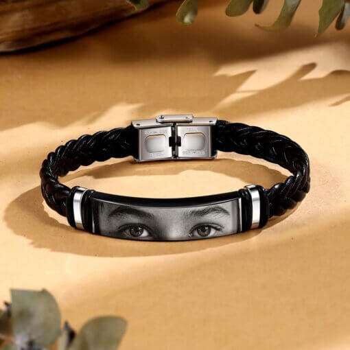 Black braided leather bracelet with engraved eye photo, personalized jewelry"