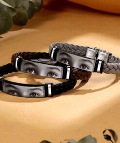 Engraved Eyes Photo Bracelet - Custom Braided Leather Keepsake Gift