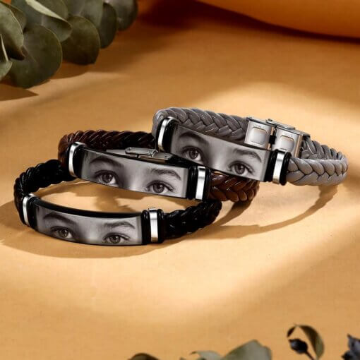 Engraved Eyes Photo Bracelet - Custom Braided Leather Keepsake Gift